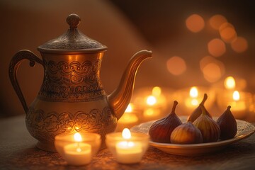 Aufkleber - Golden teapot, figs, candles on textured surface, bokeh light background.