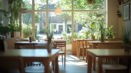 Poster - Cozy cafe interior with wooden tables, plants, and bright window view.