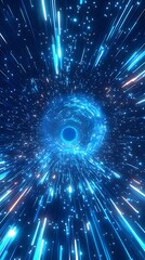 Poster - Abstract blue vortex tunnel with glowing particles and light streaks.