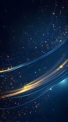 abstract dark blue background with golden light streaks and particles.