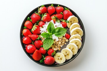 Poster - Bowl with strawberries, bananas, granola, coconut flakes, mint on white.