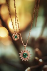 Aufkleber - Two gold emerald necklaces, sunlight.