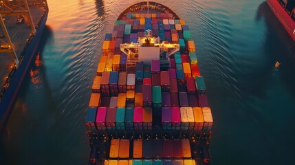 Poster - Aerial view of cargo ship with containers on water at dusk.