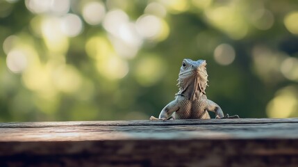 Poster - Lizard sits on ledge, looking up at camera.