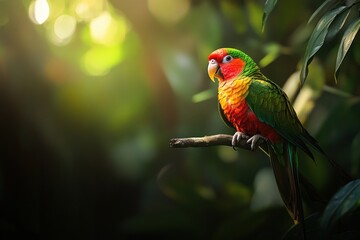 Aufkleber - Colorful parrot rests on branch in dappled sunlight.