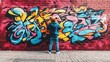 © milenialdesastudio - Child admiring vibrant graffiti art on a brick wall.