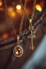 Aufkleber - Two gold necklaces, one with pendant, one key pendant.