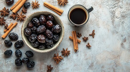 Aufkleber - Dried plums, coffee, and spices on a textured surface, top view.