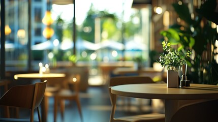 Aufkleber - Warm interior view of a cafe with round wooden tables and natural light.