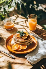 Poster - Pancakes with orange slices and orange juice on wooden table.