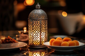Aufkleber - Ornate lantern on table with dried fruit and apricots.