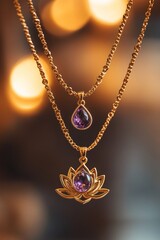 Poster - Golden necklaces with purple gems, bokeh background.