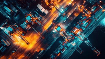 Poster - Aerial view of lit port with shipping containers at night.