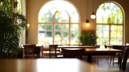 Aufkleber - Blurred interior cafe, sunlight, tables, chairs.