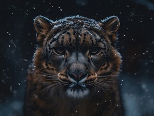 Aufkleber - Snow leopard portrait, close-up face with snowfall.