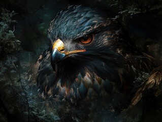 Poster - Intense hawk portrait with dark plumage and sharp gaze.