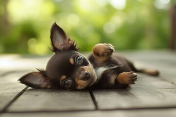 Aufkleber - Tiny brown Chihuahua puppy lying on wooden floor, blurry background.