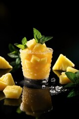 Poster - Pineapple slushie with fresh mint and pineapple chunks on black.