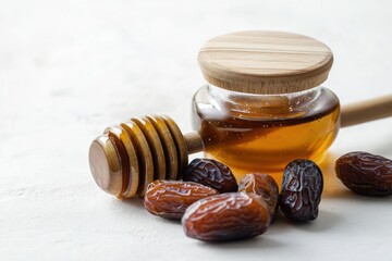 Poster - Honey jar, dipper, dates on white surface, close-up.