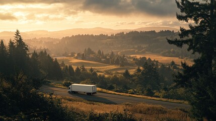 Aufkleber - Truck driving through golden countryside during sunset.