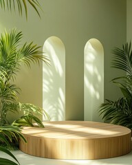 Poster - Minimal wood stage with plants and arches.