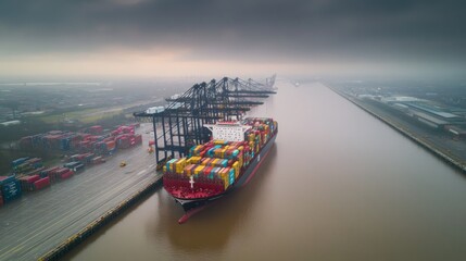 Poster - Cargo ship loaded with containers at port.