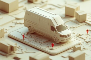Poster - White delivery van on phone with pins marking destinations, stylized.