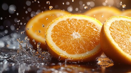 Juicy orange slices splashing in water.