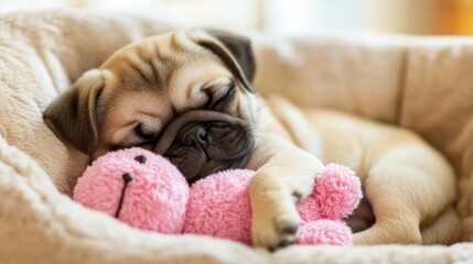 Aufkleber - Sleeping tan puppy with pink toy on beige bed.