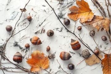 Poster - Acorns, leaves and branches on white textured surface.
