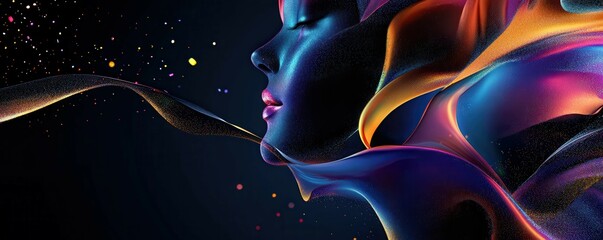 Poster - Abstract digital art depicting a woman s face formed by colorful flowing lines and sparkling elements on a dark background, symbolizing creativity and emotion