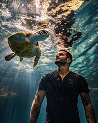Poster - Man looking at sea turtle underwater.