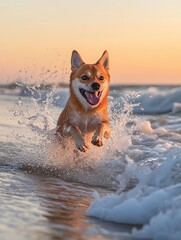 Poster - Happy dog splashes through surf at sunrise.