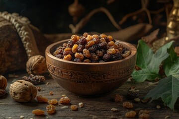 Poster - Bowl of raisins with nuts on a wooden table.