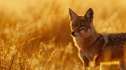 Aufkleber - Coyote stands in golden grassy field at sunset.