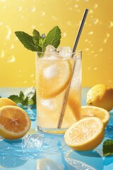 Poster - Lemonade glass with lemons, ice, mint on yellow background.