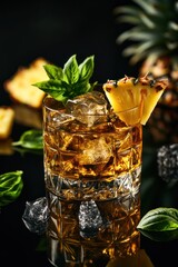 Poster - Whiskey cocktail with pineapple and basil, on dark surface.