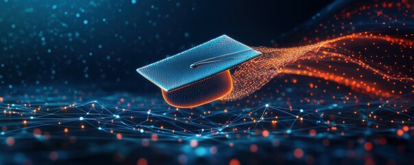 Leinwandbilder - Abstract digital art of an open graduation cap made from glowing lines and dots, floating above a network grid on a dark blue background, power to shape your future through education