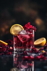 Poster - Red drink with ice, lemon slice, hibiscus petals on reflective surface.