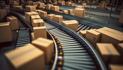 Poster - Top View of Cardboard Boxes on Conveyor Belt in Warehouse Setting with Efficient Logistics and Distribution System for Modern Supply Chain