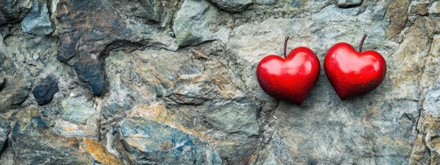 Poster - Two red hearts on a stone wall background.