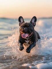 Poster - Black bulldog runs through shallow ocean waves with tongue out at sunset.