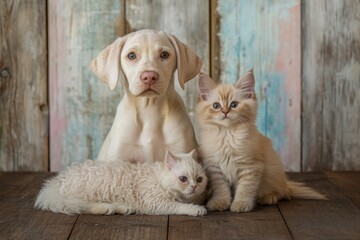 Wall Mural - Cute puppy and two kittens sit near wood backdrop.