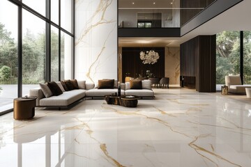 Wall Mural - Luxurious open plan interior design featuring large marble effect tiles, a comfortable sofa, and floor to ceiling windows looking out onto trees