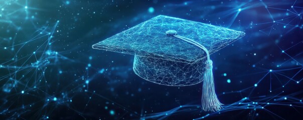 Poster - Abstract digital art of an open graduation cap made from glowing lines and dots, floating above a network grid on a dark blue background, power to shape your future through education