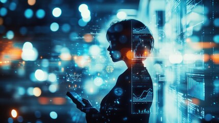 Fototapete - Silhouette of person using phone, data visualization, blue bokeh lights.