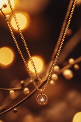 Poster - Golden layered chain necklace with star charm on bokeh background.