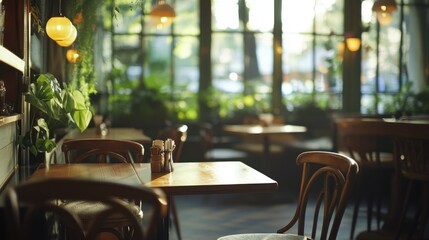 Poster - interior of restaurant with wooden furniture and green plants.