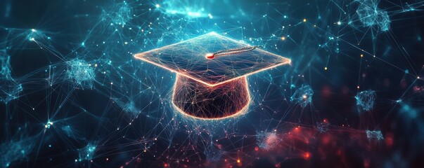 Poster - Abstract digital art of an open graduation cap made from glowing lines and dots, floating above a network grid on a dark blue background, power to shape your future through education