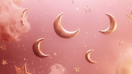 Poster - Dreamy Pink Background with Glittering Moons and Stars in a Magical Atmosphere